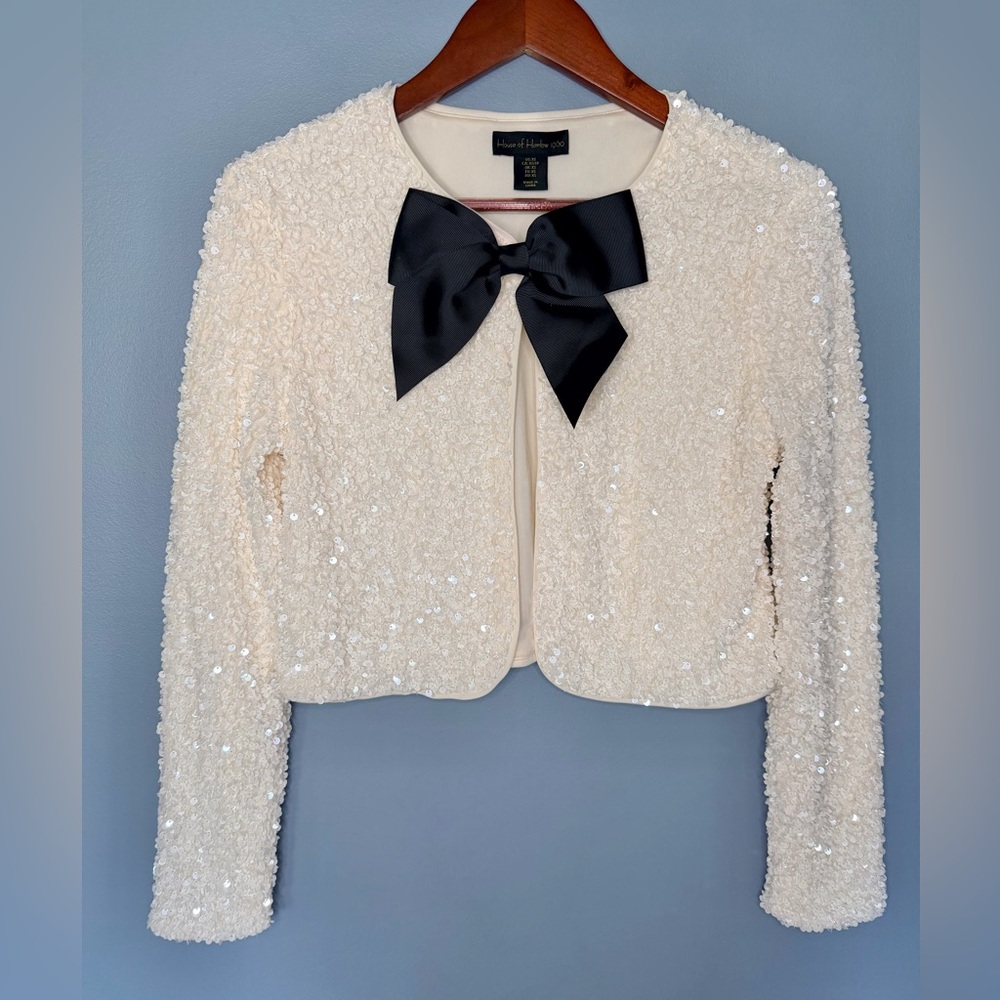 House of Harlow 1960 Cream Sequin Top Cardigan Blazer with Black Bow | Size XS